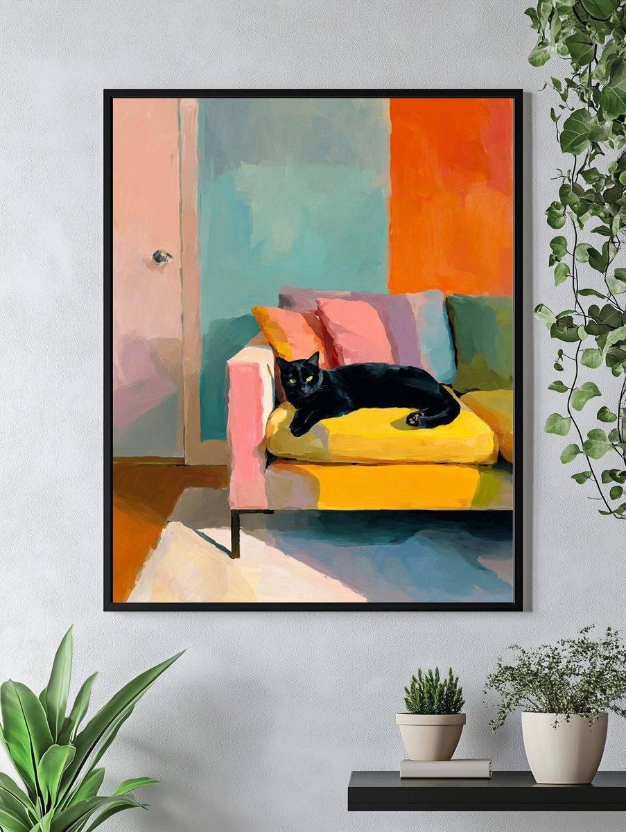 Black Cat on Colorful Couch Poster. — room view 4