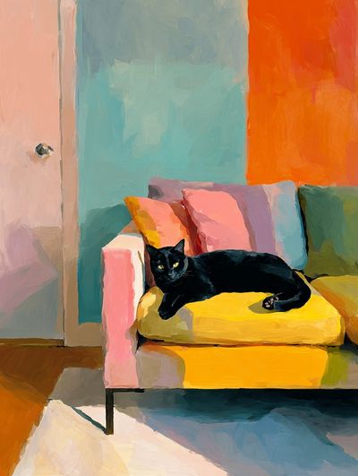 Black Cat on Colorful Couch Poster. poster