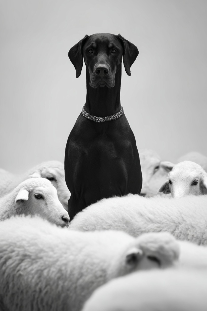 Black Dog Among Sheep — Photography Print. poster — animals art