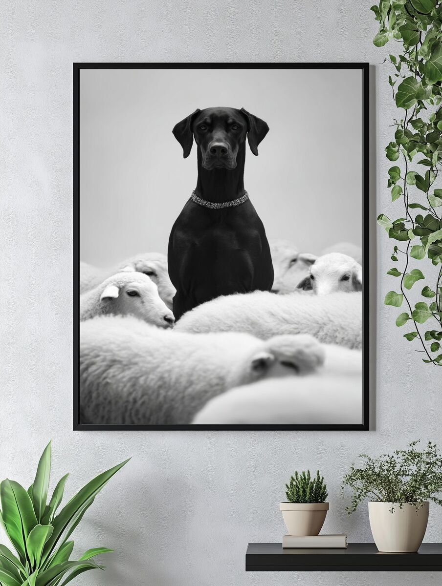 Black Dog Among Sheep — Photography Print. — room view 4