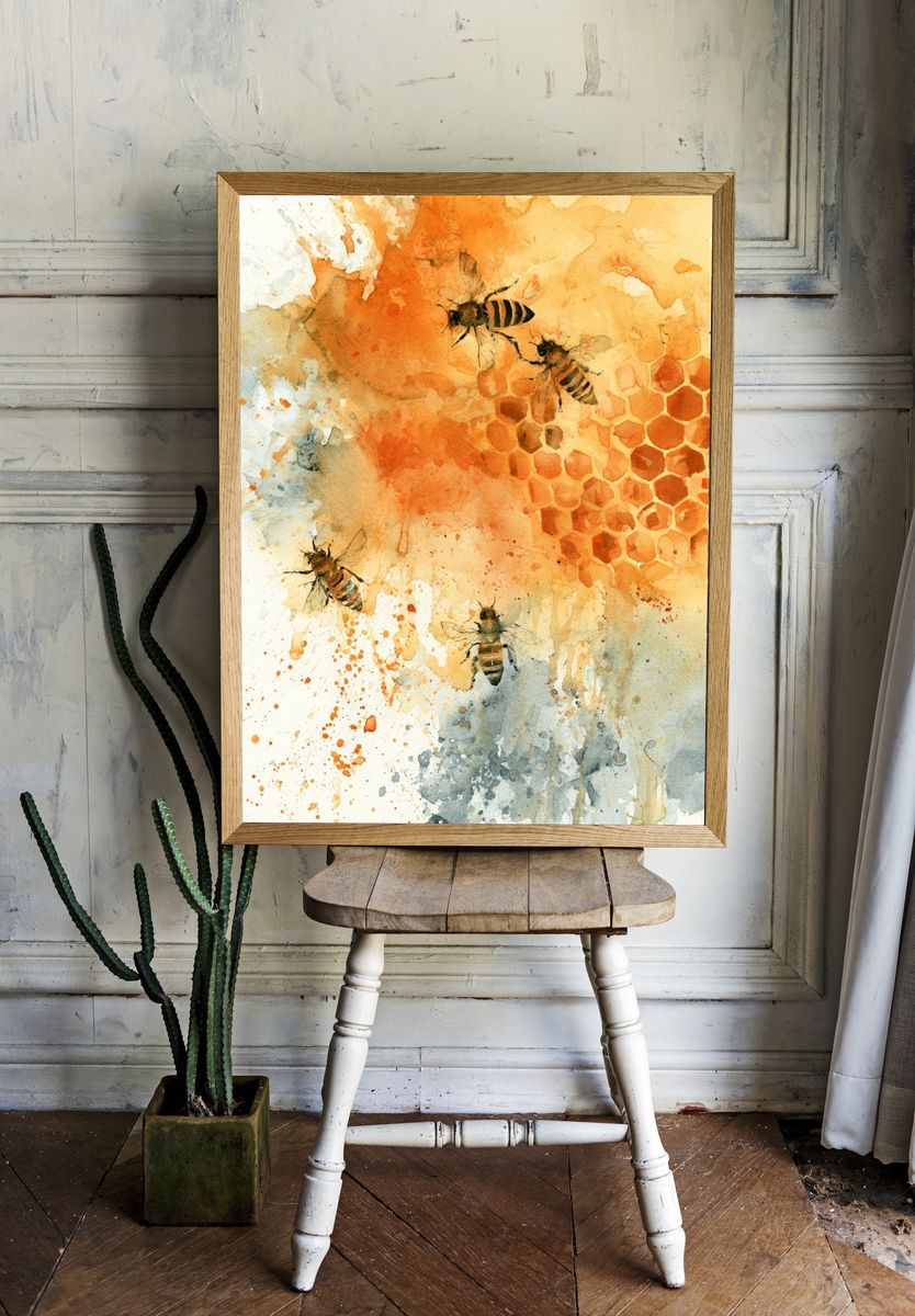 Honey Bees Watercolor Poster. room preview