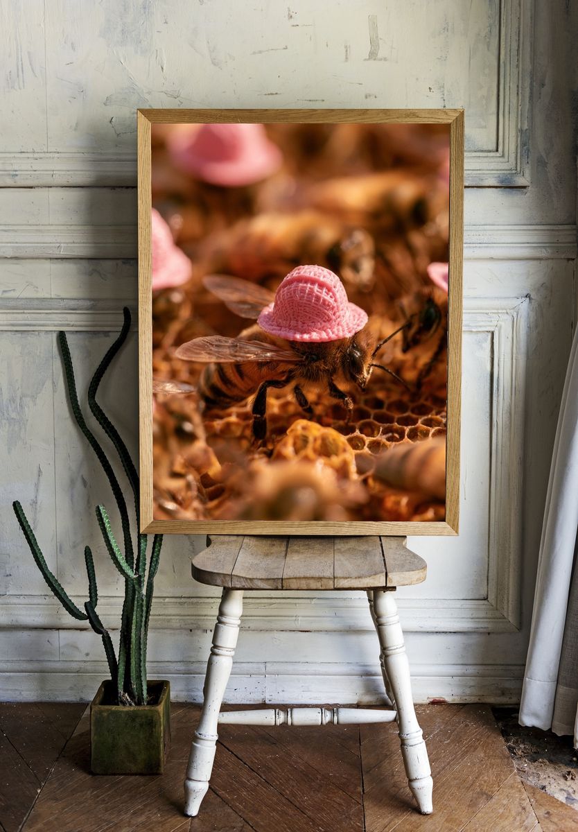 Bee with Pink Hat Photography Poster. — room view 1