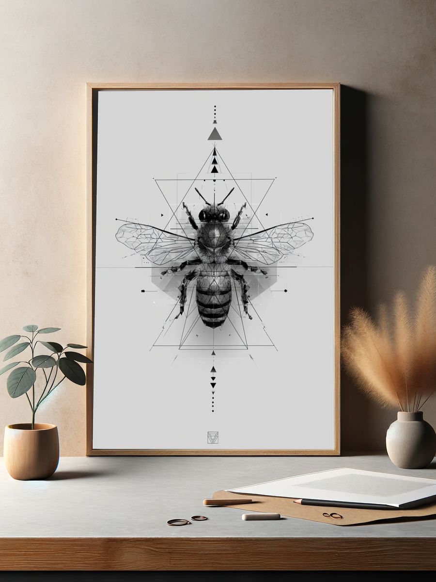 Geometric Bee Black-White Poster. — room view 2