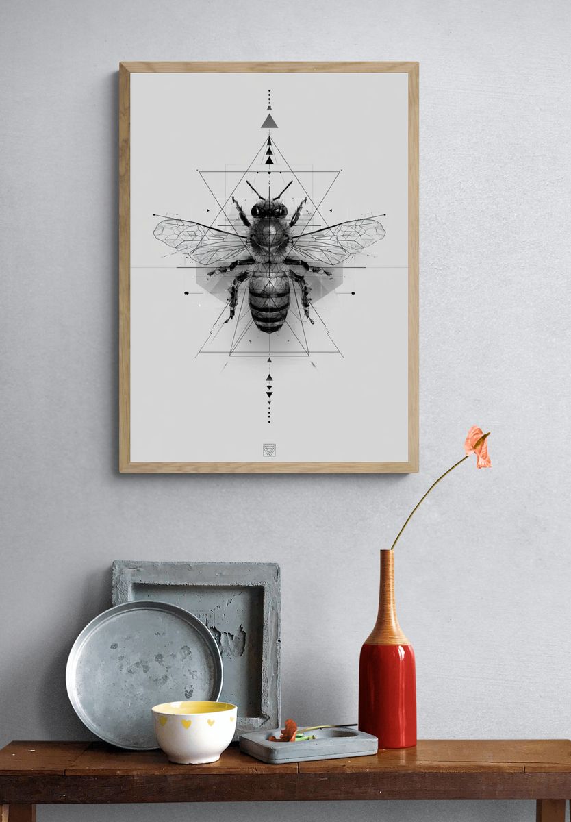Geometric Bee Black-White Poster. — room view 3