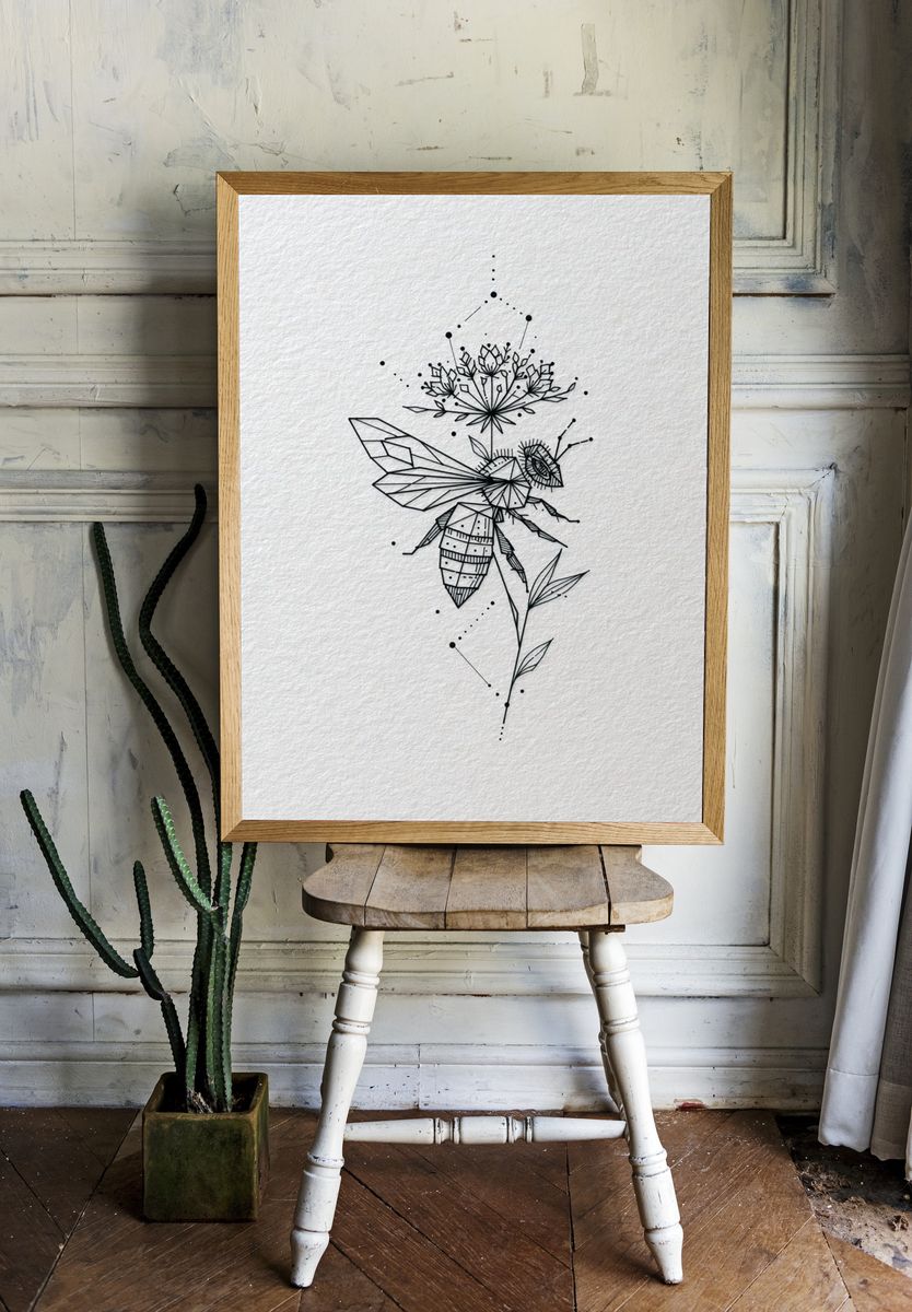 Geometric Bee Line-Art Print. — room view 1