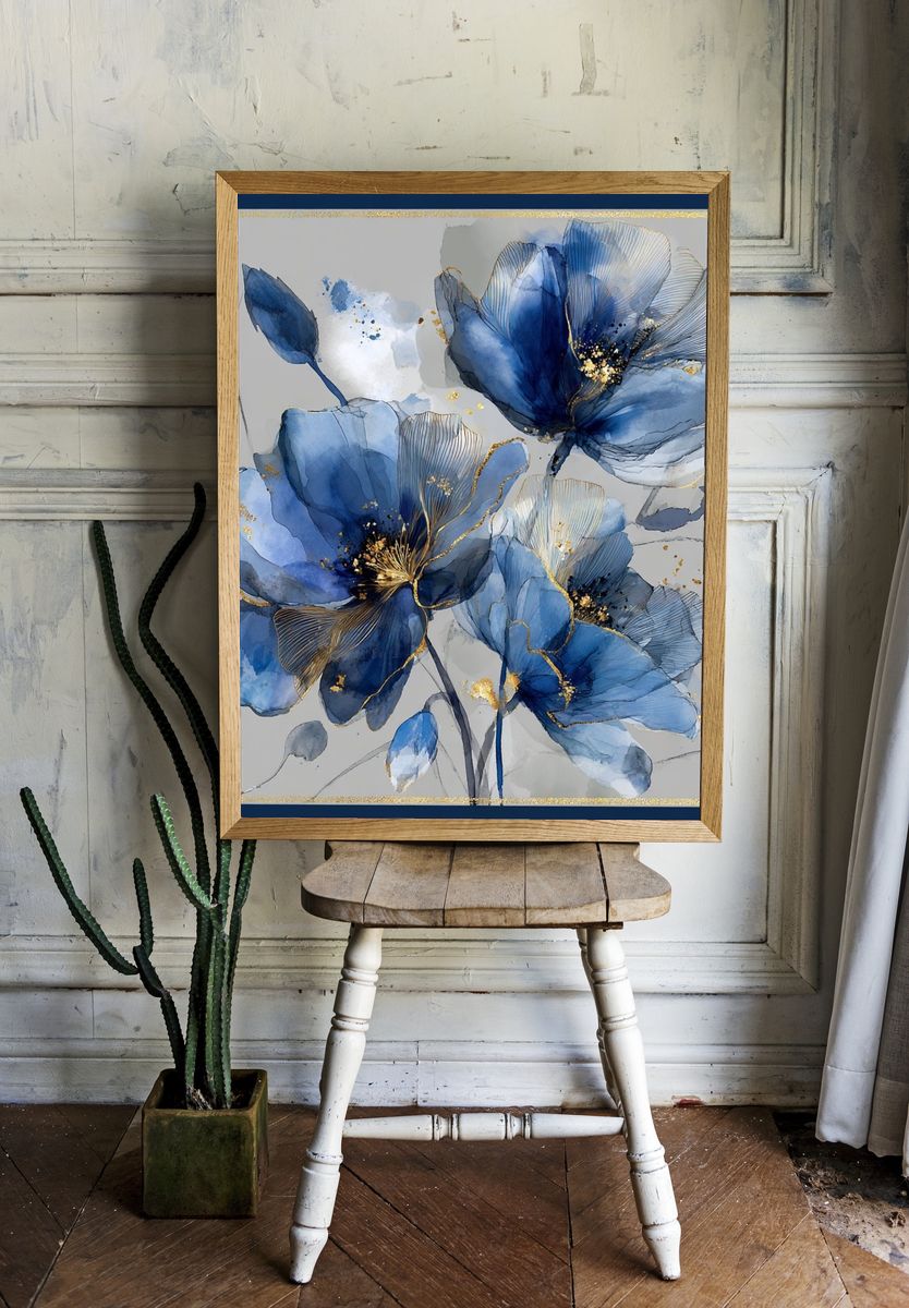 Blue Floral Elegance — Art Print. — room view 1