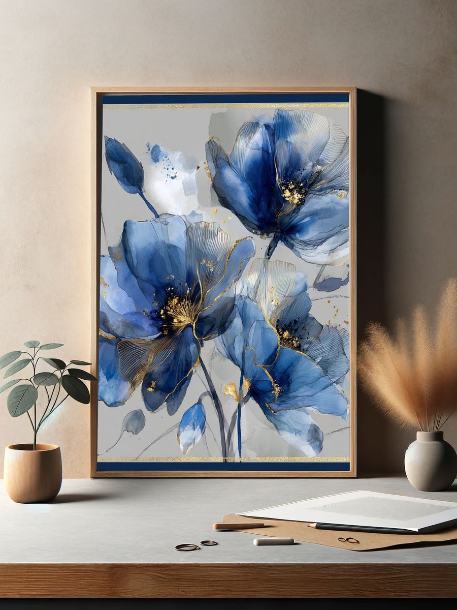 Blue Floral Elegance — Art Print. — room view 2