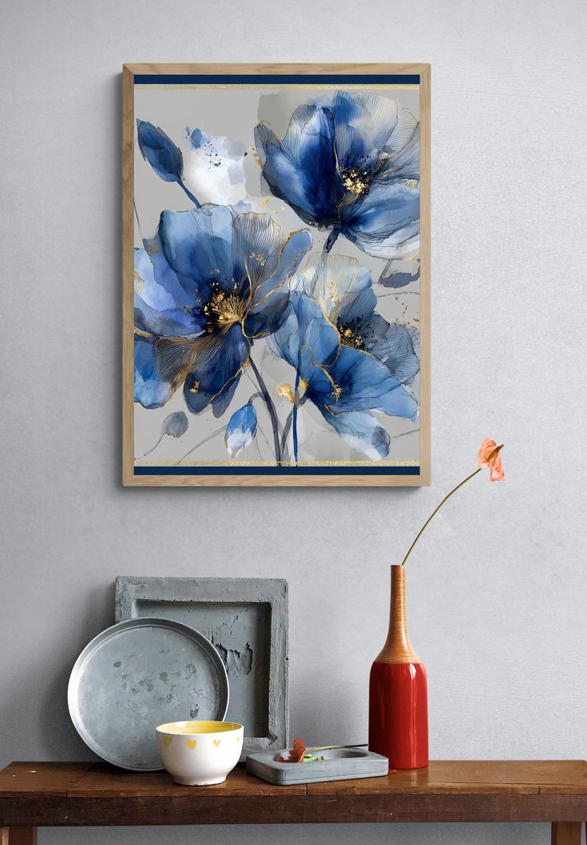 Blue Floral Elegance — Art Print. — room view 3