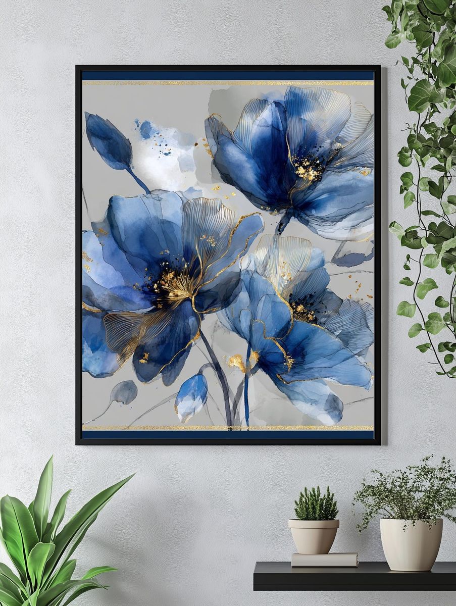 Blue Floral Elegance — Art Print. — room view 4