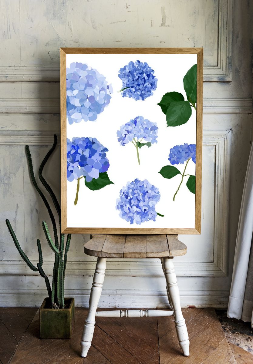 Blue Hydrangea Botanical Print. — room view 1