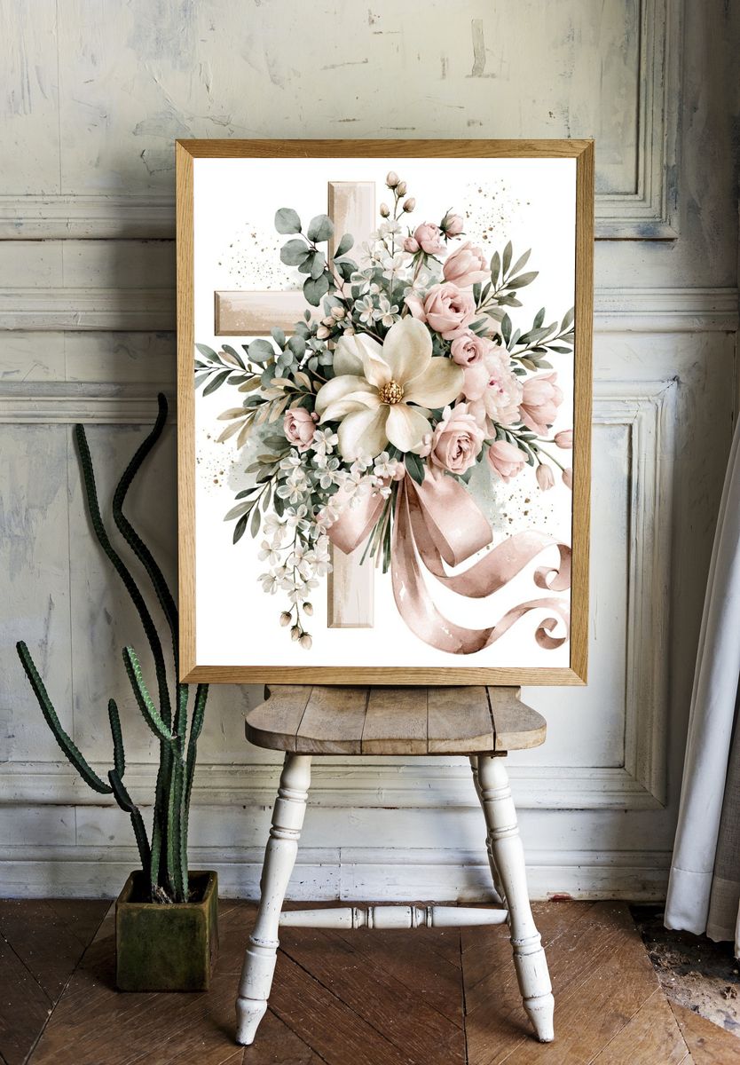 Blush Floral Cross Watercolor Print. room preview