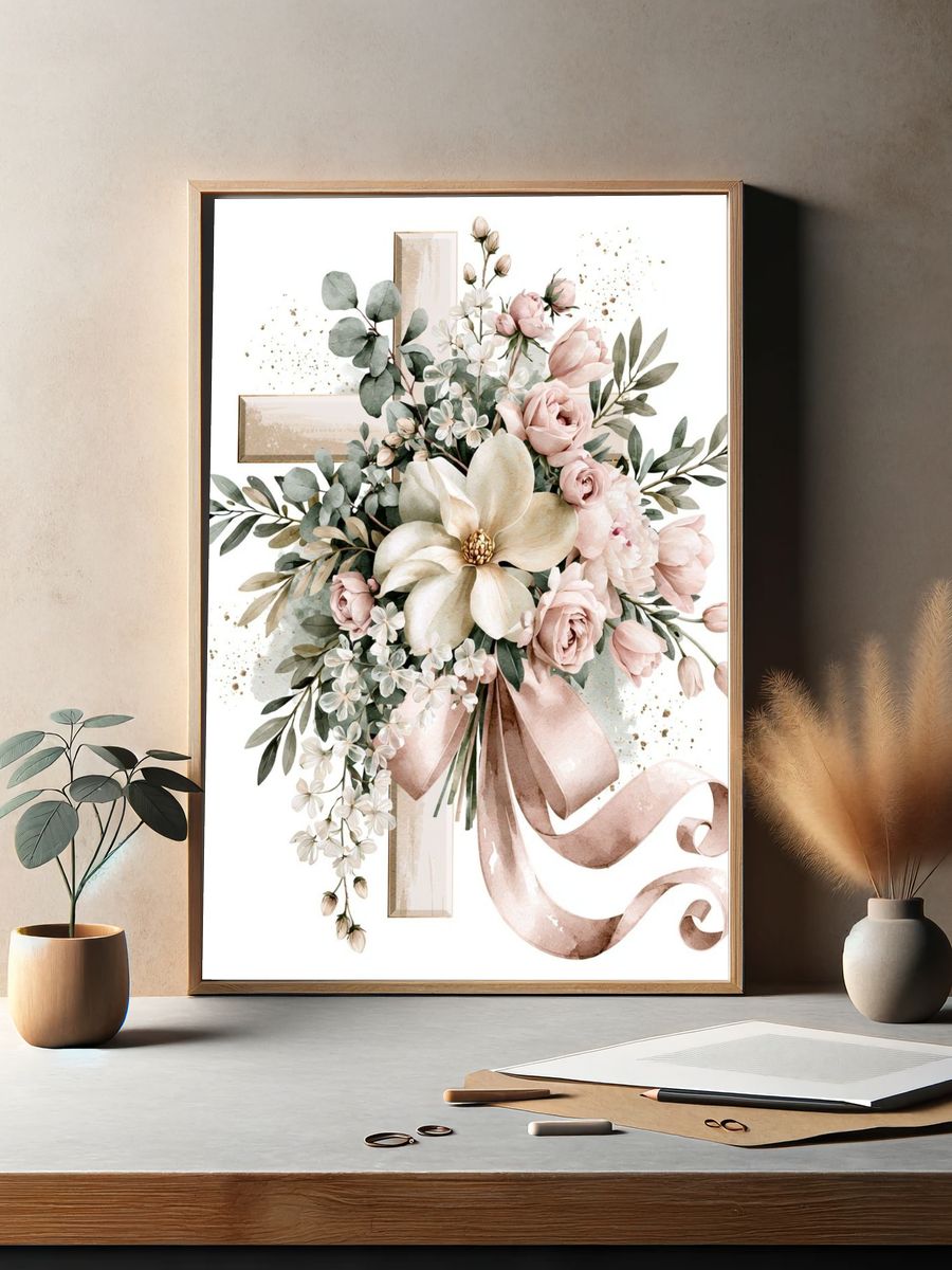 Blush Floral Cross Watercolor Print. — room view 2