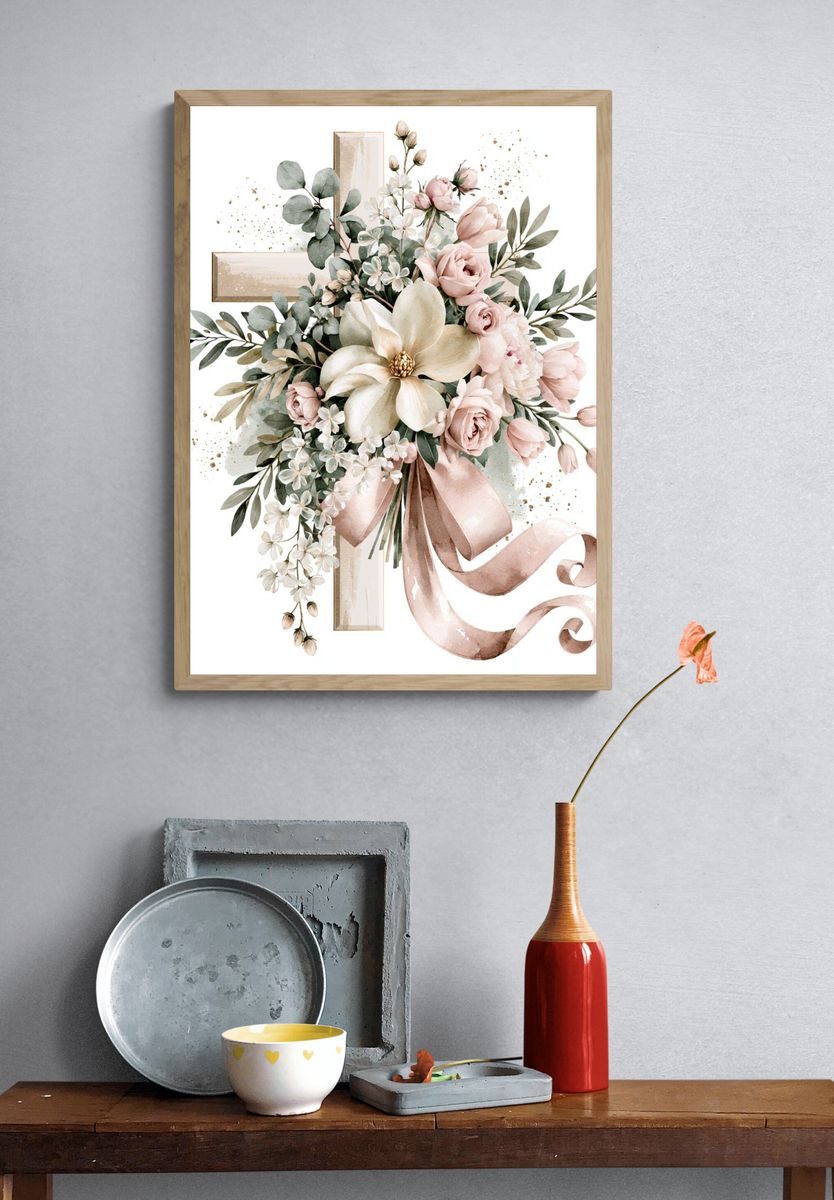 Blush Floral Cross Watercolor Print. — room view 3