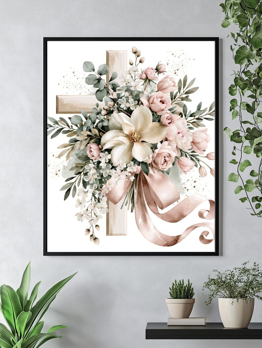 Blush Floral Cross Watercolor Print. — room view 4