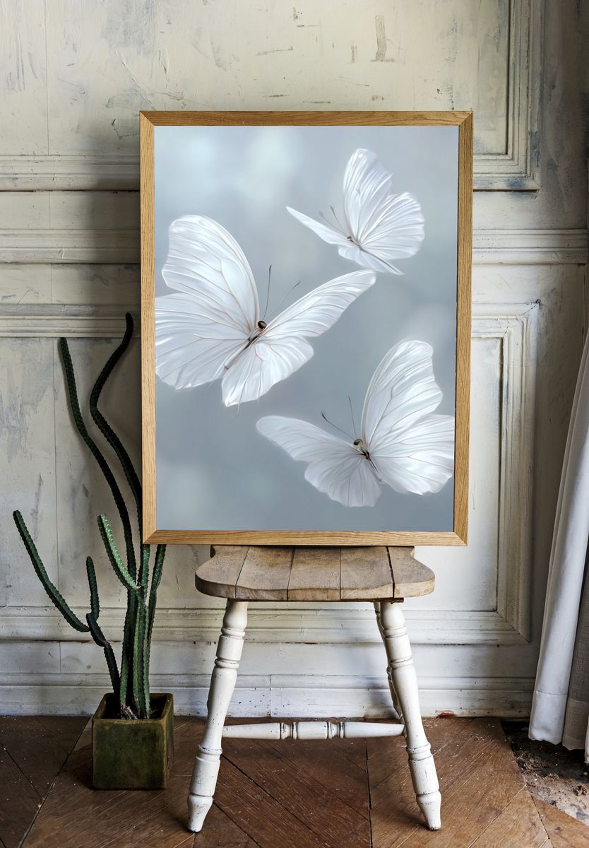 Delicate White Butterflies — Illustration Print. — room view 1