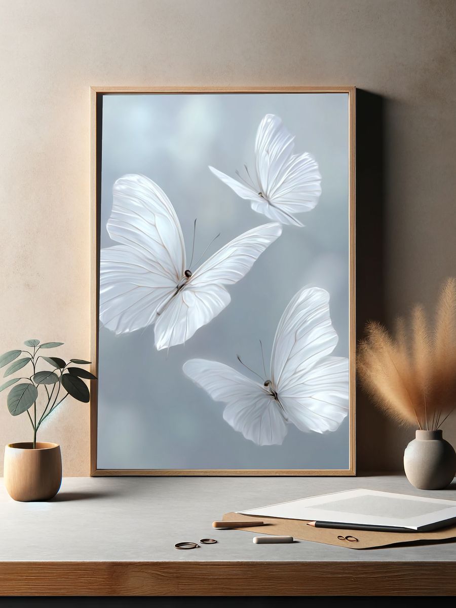 Delicate White Butterflies — Illustration Print. — room view 2