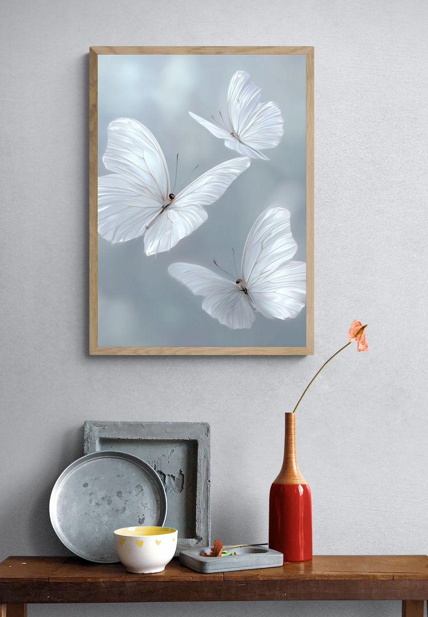 Delicate White Butterflies — Illustration Print. — room view 3