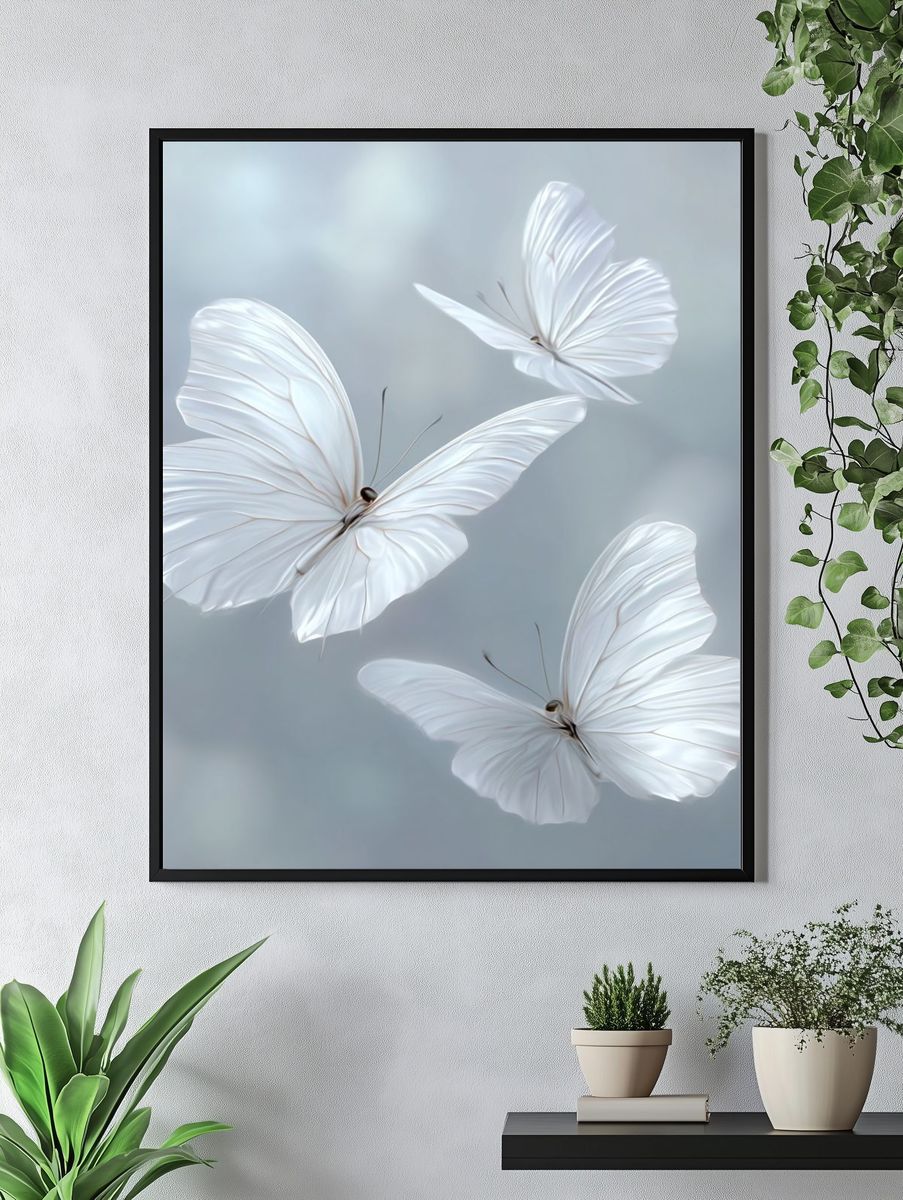 Delicate White Butterflies — Illustration Print. — room view 4
