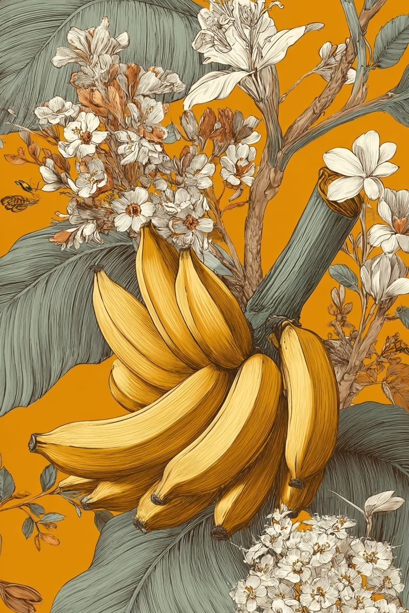 Banana and Floral Illustration Poster. poster — botanical art