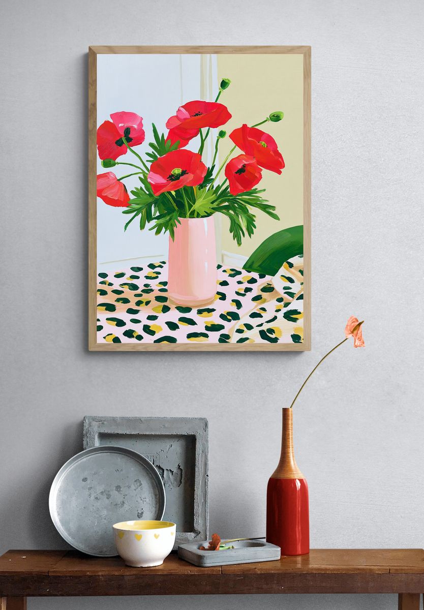 Red Poppy Bouquet Illustration Poster. — room view 3