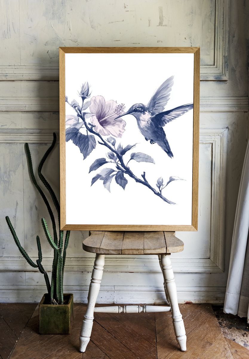 Hummingbird and Hibiscus Ink Print. — room view 1