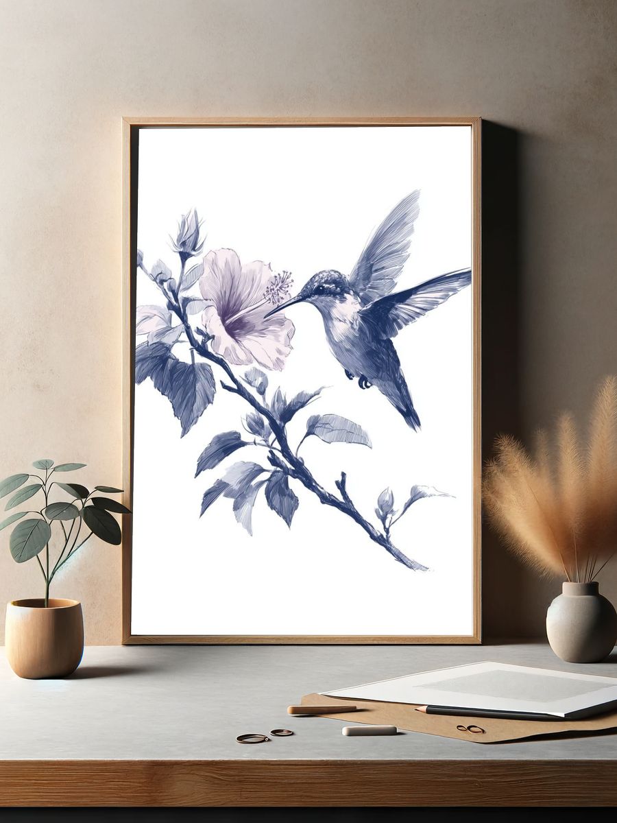 Hummingbird and Hibiscus Ink Print. — room view 2
