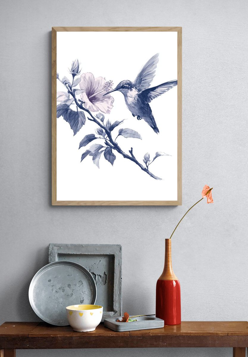 Hummingbird and Hibiscus Ink Print. — room view 3