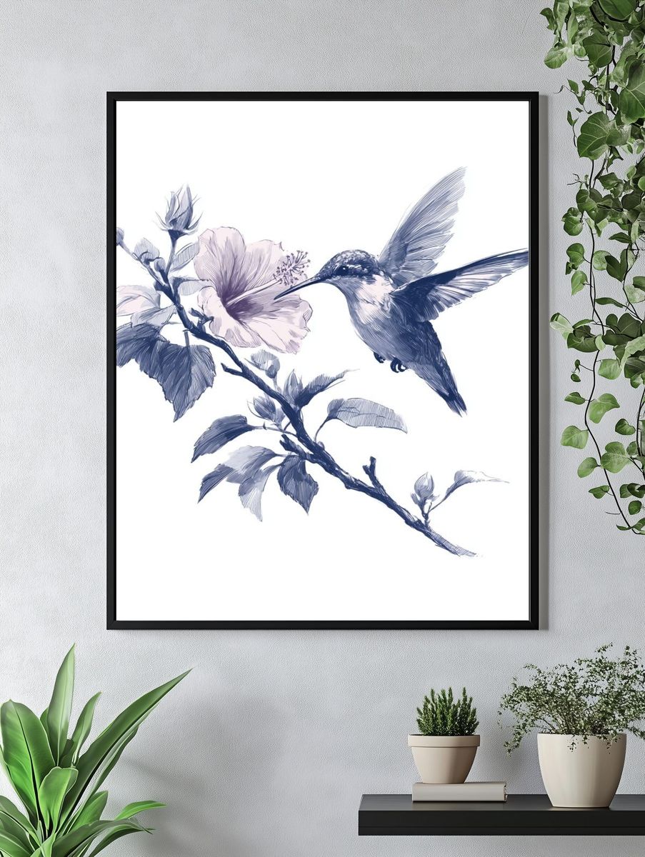 Hummingbird and Hibiscus Ink Print. — room view 4