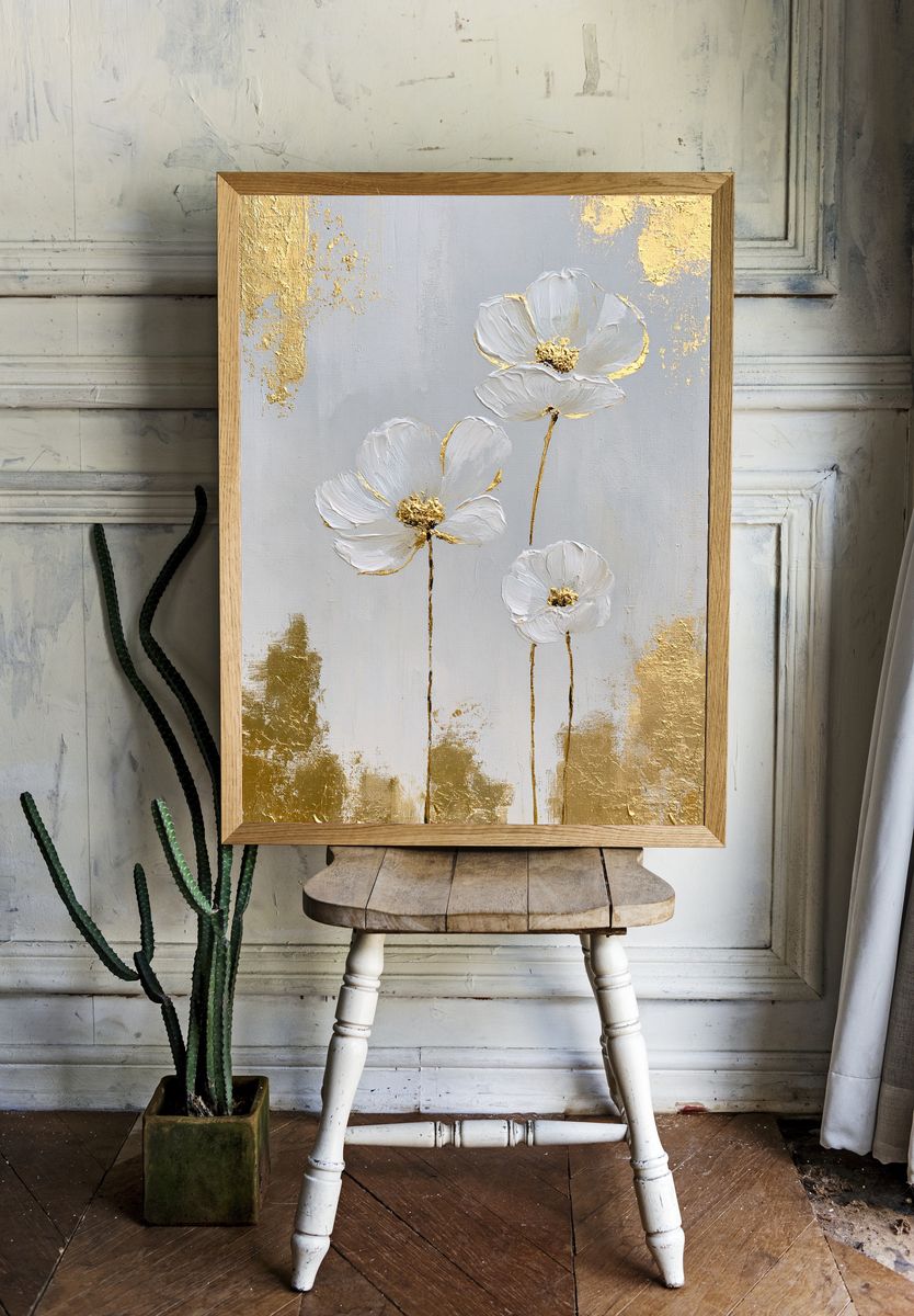 White Floral Gold Leaf Poster. — room view 1