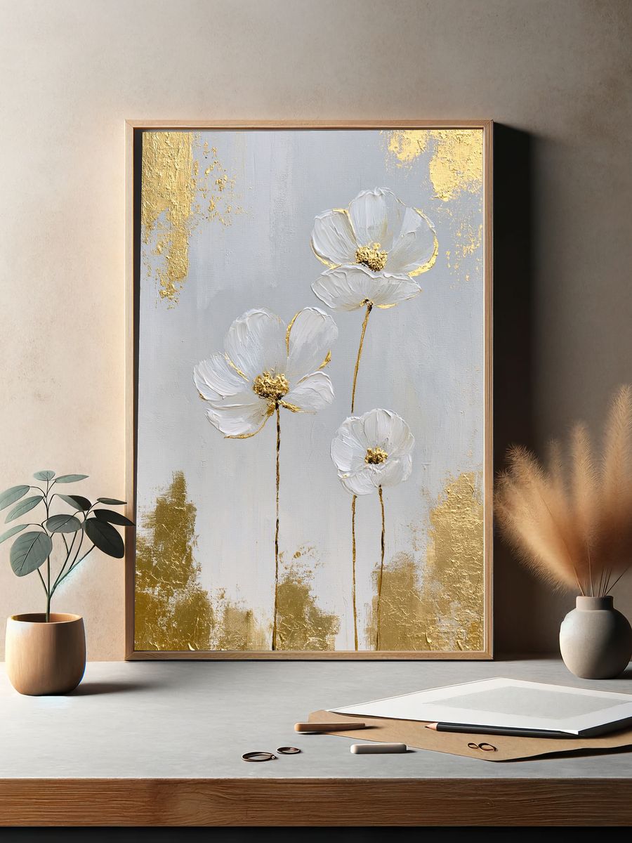 White Floral Gold Leaf Poster. — room view 2