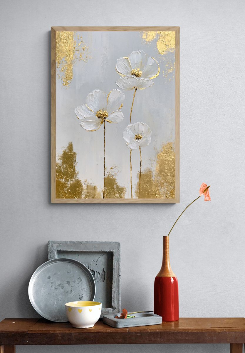 White Floral Gold Leaf Poster. — room view 3