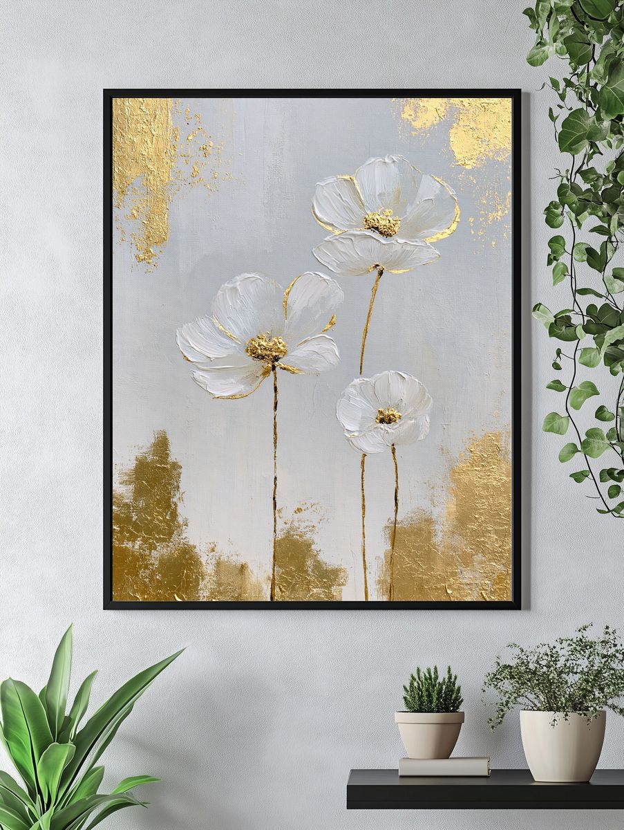 White Floral Gold Leaf Poster. — room view 4
