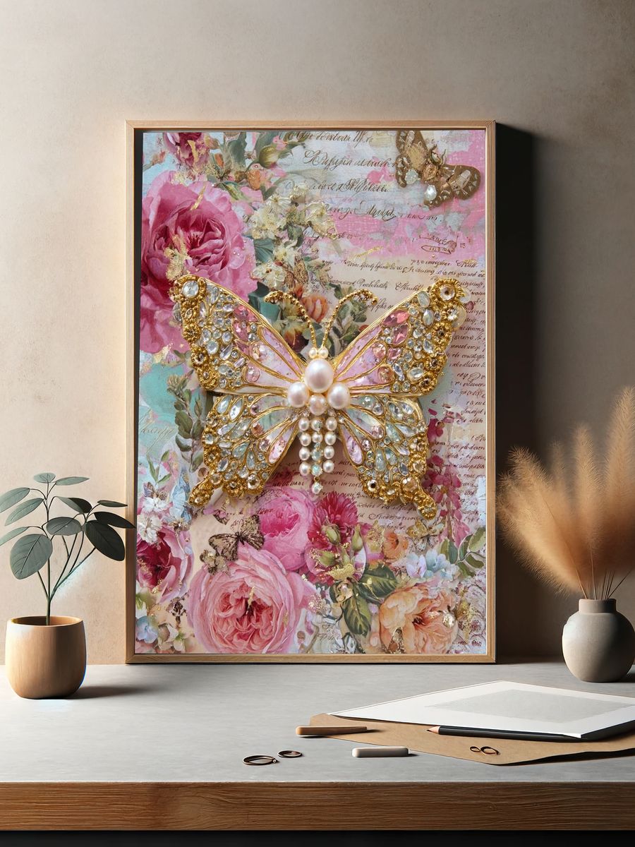 Butterfly and Floral Vintage Poster. — room view 2