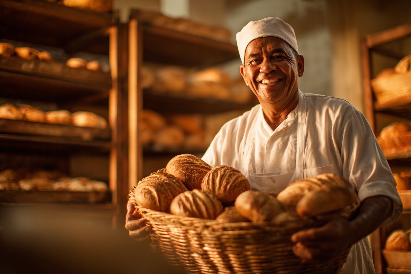 Baker with Fresh Bread — Culinary Photography Print. poster detail