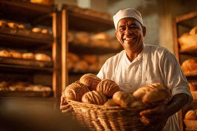 Baker with Fresh Bread — Culinary Photography Print. poster print