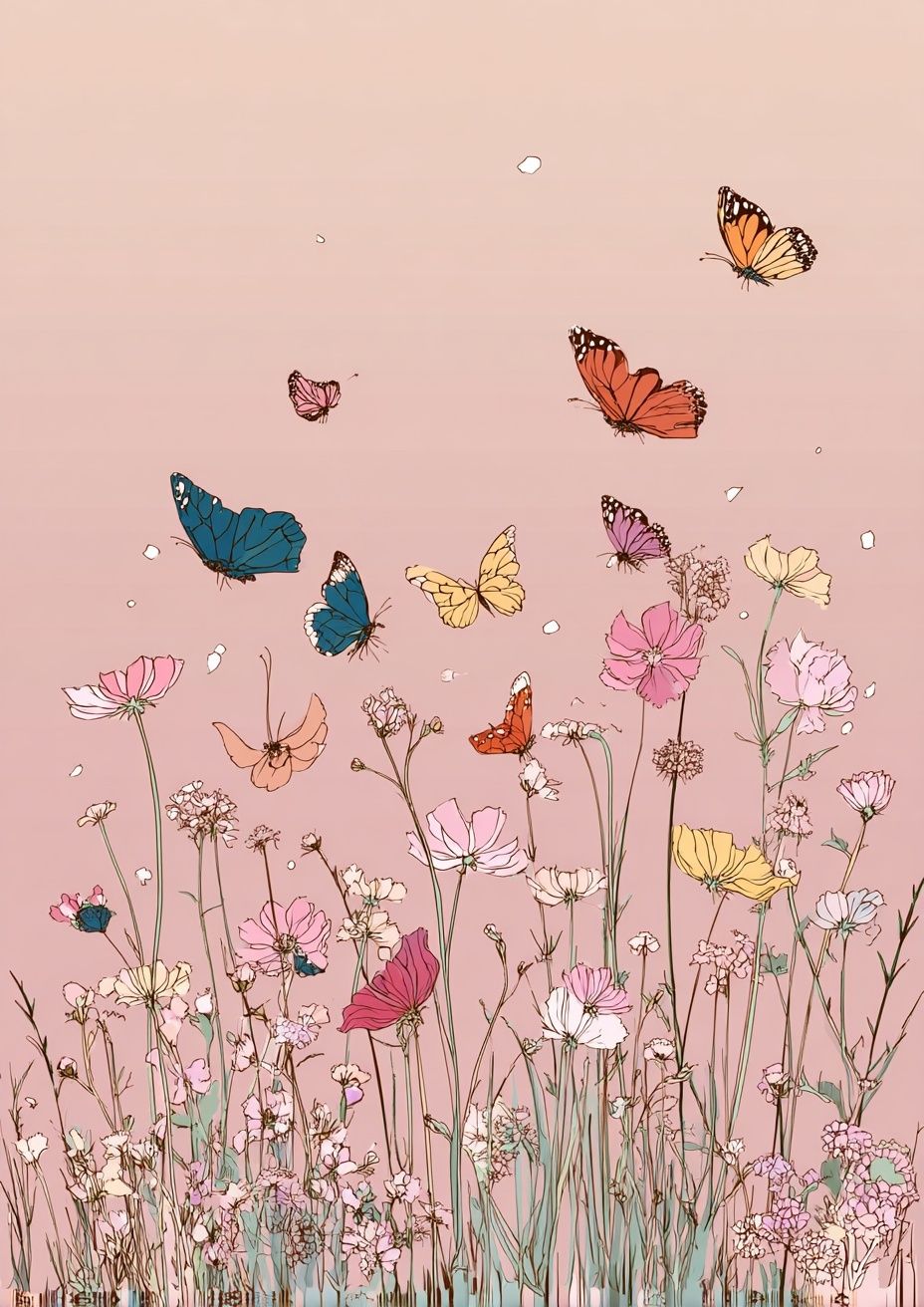 Butterflies and Flowers — Illustration Print. poster — illustration art