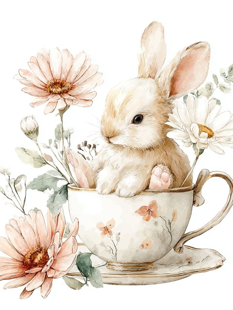 Bunny in Floral Teacup — Watercolor Print. poster detail