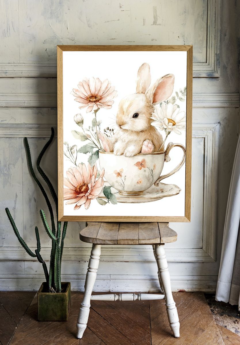 Bunny in Floral Teacup — Watercolor Print. — room view 1