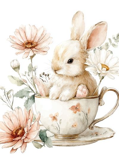 Bunny in Floral Teacup — Watercolor Print. poster