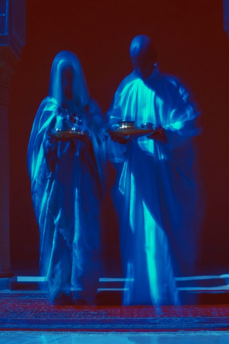 Blue Ritual Figures Photography Print. poster detail