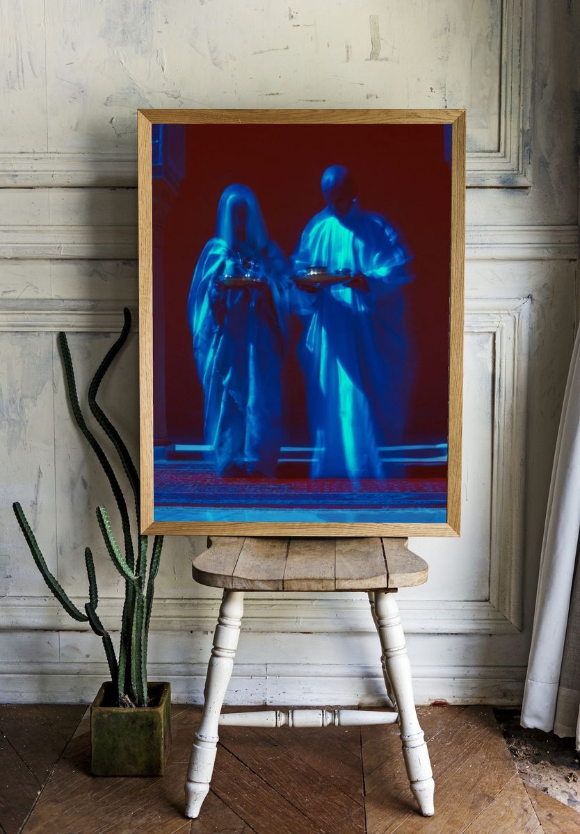Blue Ritual Figures Photography Print. room preview