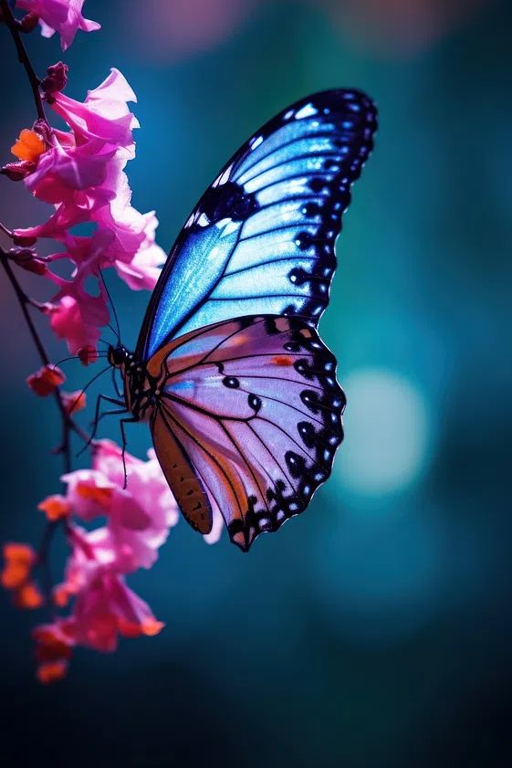 Butterfly on Pink Flowers — Photography Print. poster detail
