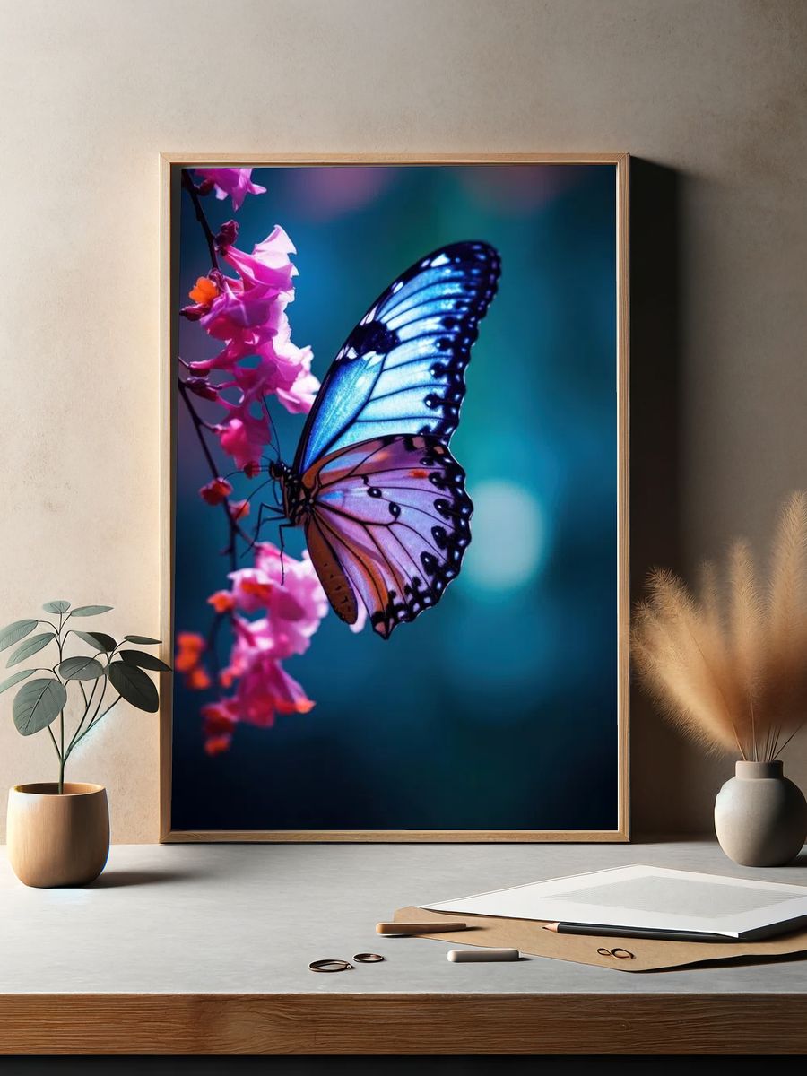 Butterfly on Pink Flowers — Photography Print. — room view 2