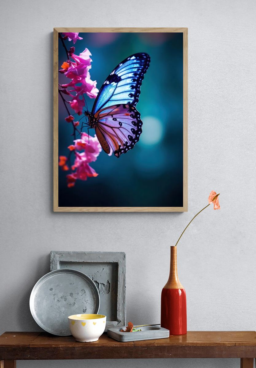 Butterfly on Pink Flowers — Photography Print. — room view 3