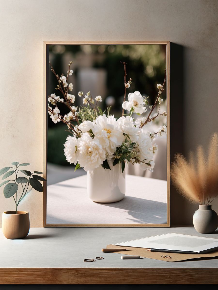 Elegant White Floral Arrangement — Botanical Print. — room view 2