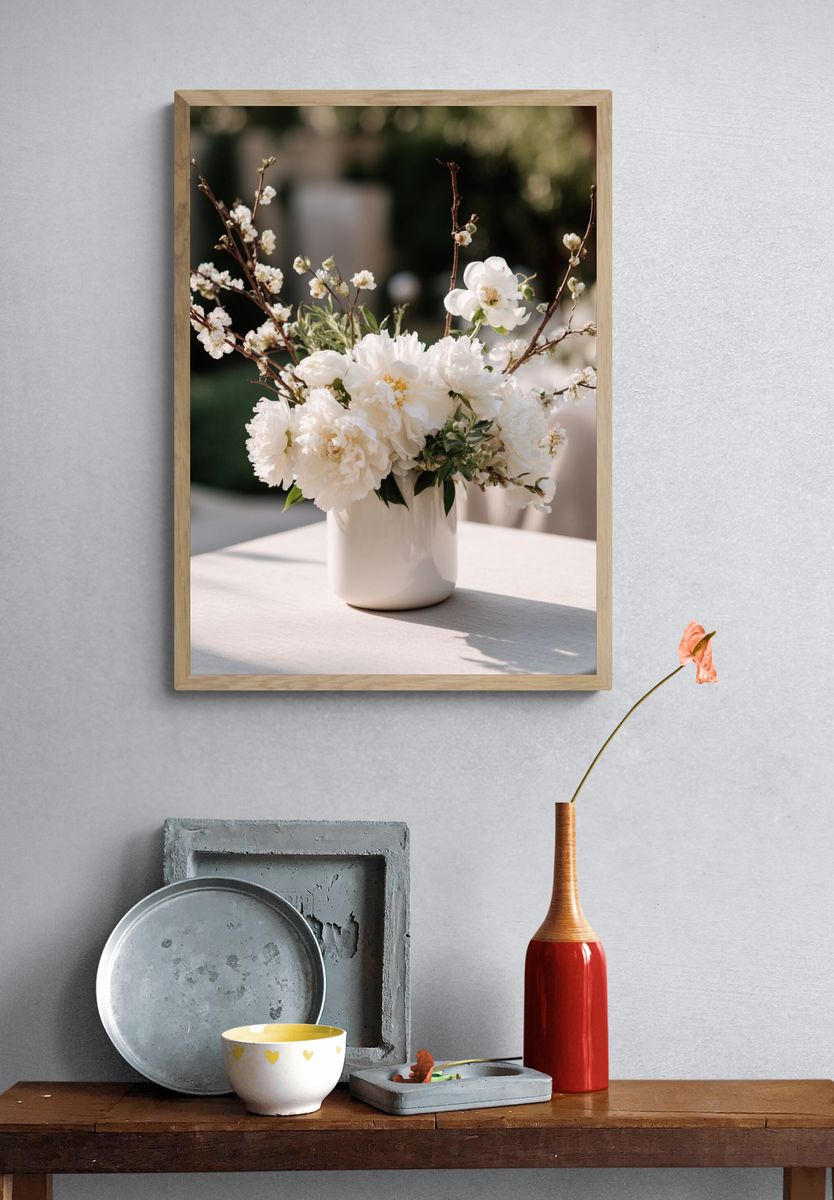Elegant White Floral Arrangement — Botanical Print. — room view 3