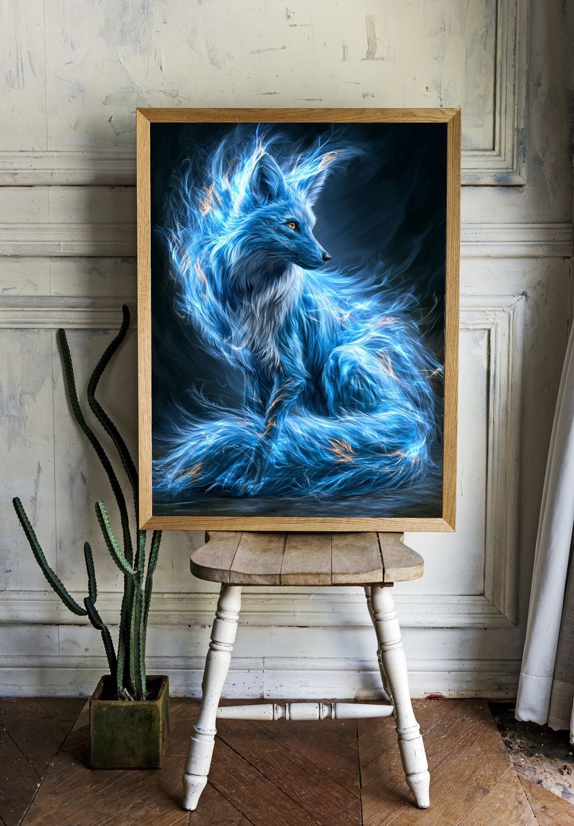 Blue Fox Spirit Illustration Poster. room preview