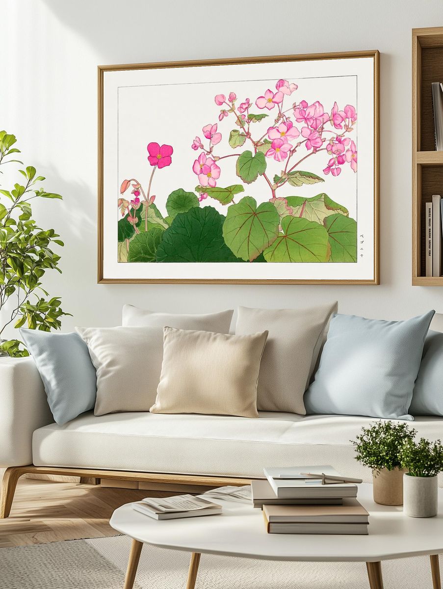 Pink Begonia Botanical Print. — room view 2