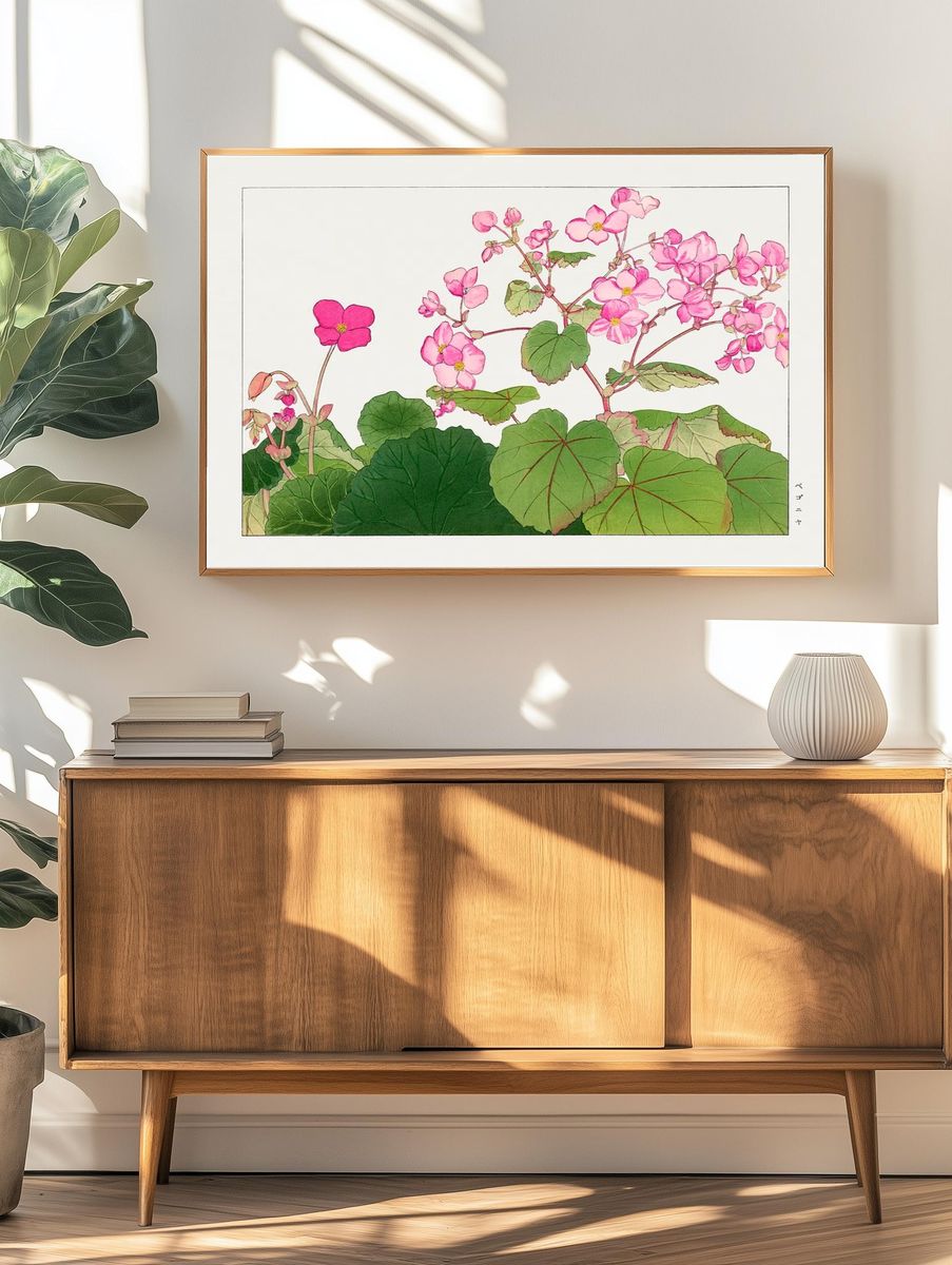 Pink Begonia Botanical Print. — room view 3