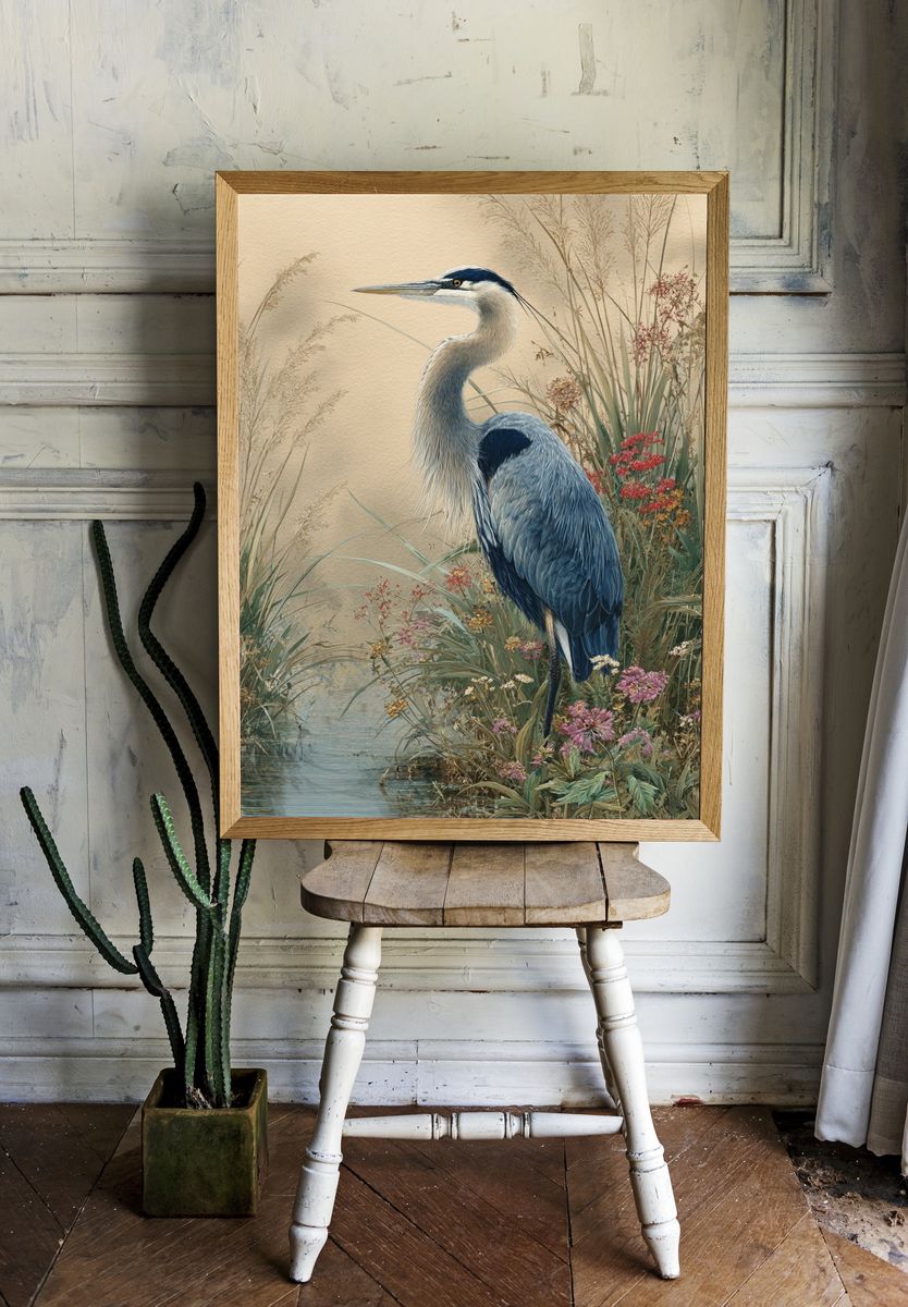 Blue Heron in Marsh Illustration Poster. room preview